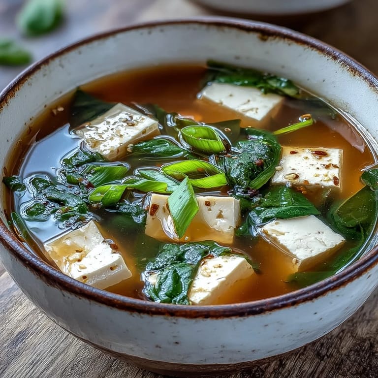 Creamy tofu and fresh spinach simmer gently in umami-rich miso broth with green onions.