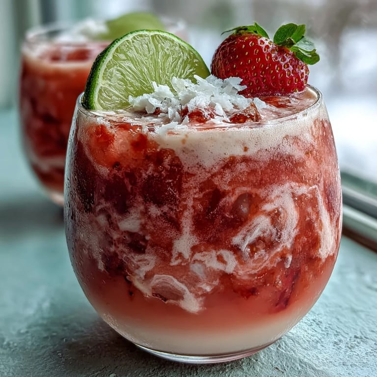Creamy strawberry coconut daiquiri smoothie with tropical flavors, garnished with lime wedges and fresh strawberry slices for a refreshing treat.  