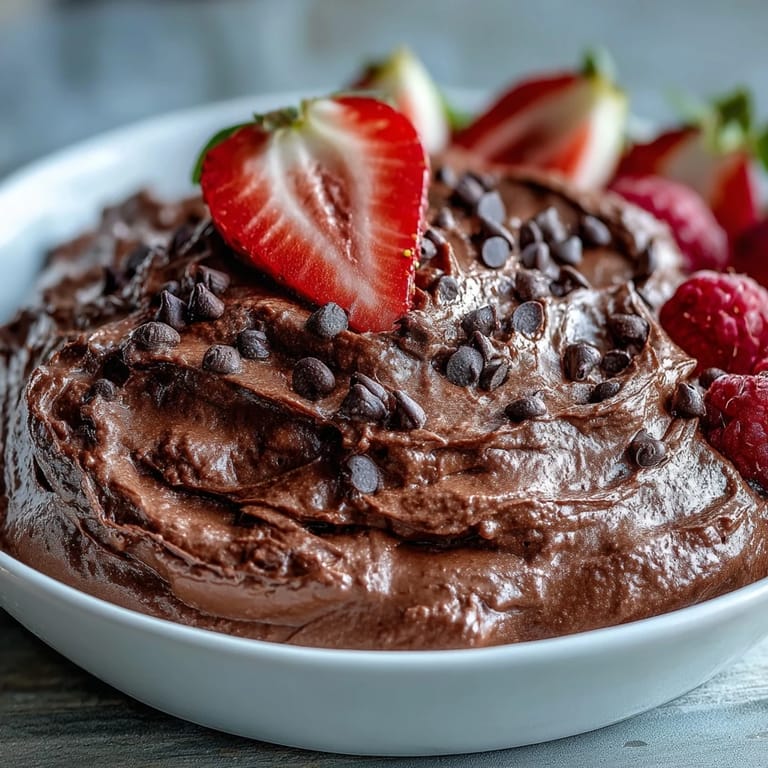 Decadent cottage cheese brownie batter dip topped with chocolate chips, paired with a vibrant platter of fresh fruit for dipping.