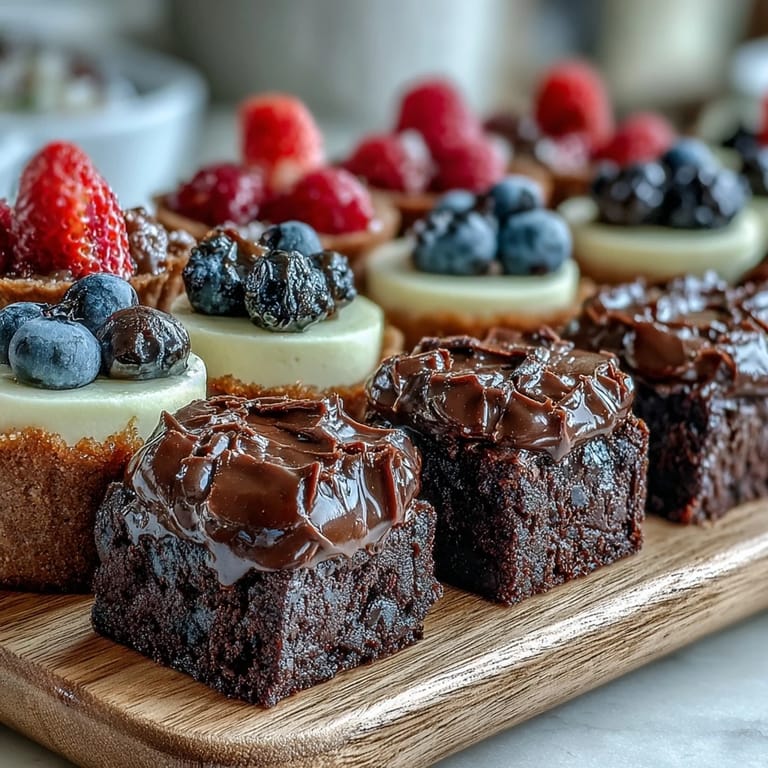 A close-up view of a dessert platter showcasing bite-sized treats including fudgy brownies, creamy lemon cheesecake cups, and fresh berry tartlets, perfect for sharing.
