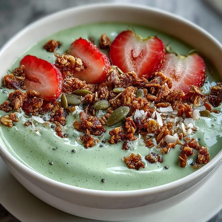 Creamy strawberry matcha smoothie base blended with frozen fruit and Greek yogurt, served in a bowl with colorful toppings and fresh mint garnish.
