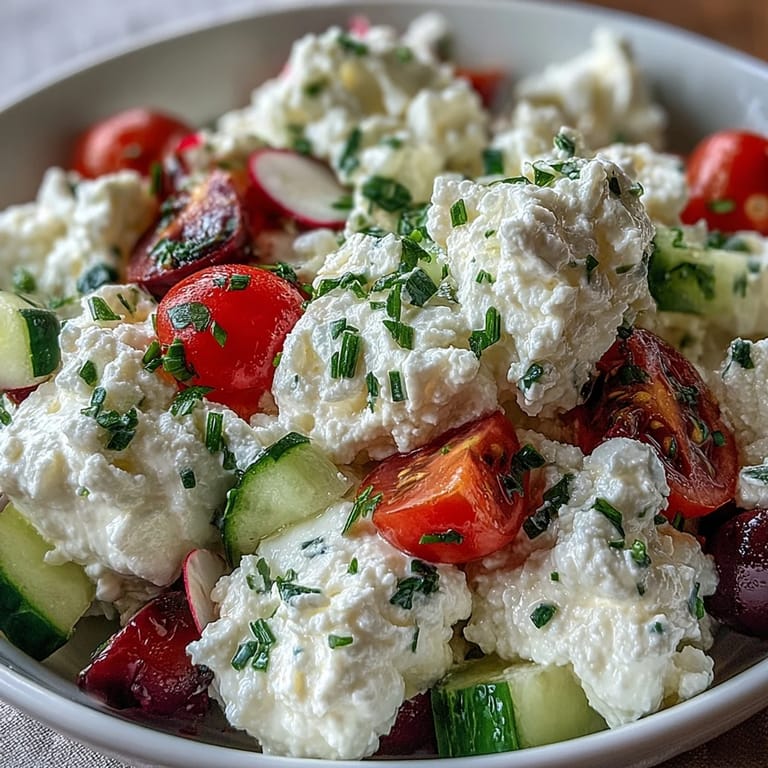 Creamy cottage cheese topped with crisp cherry tomatoes, cucumber, and bell pepper, garnished with fresh chives and parsley.  