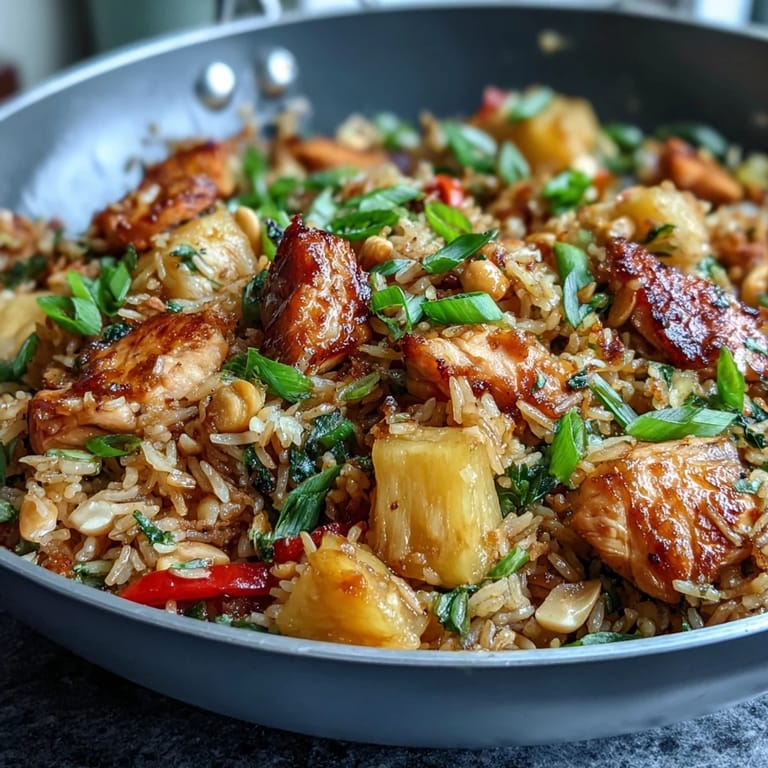 Tropical Hawaiian pineapple chicken fried rice served hot, topped with roasted nuts and green onions for crunch.  