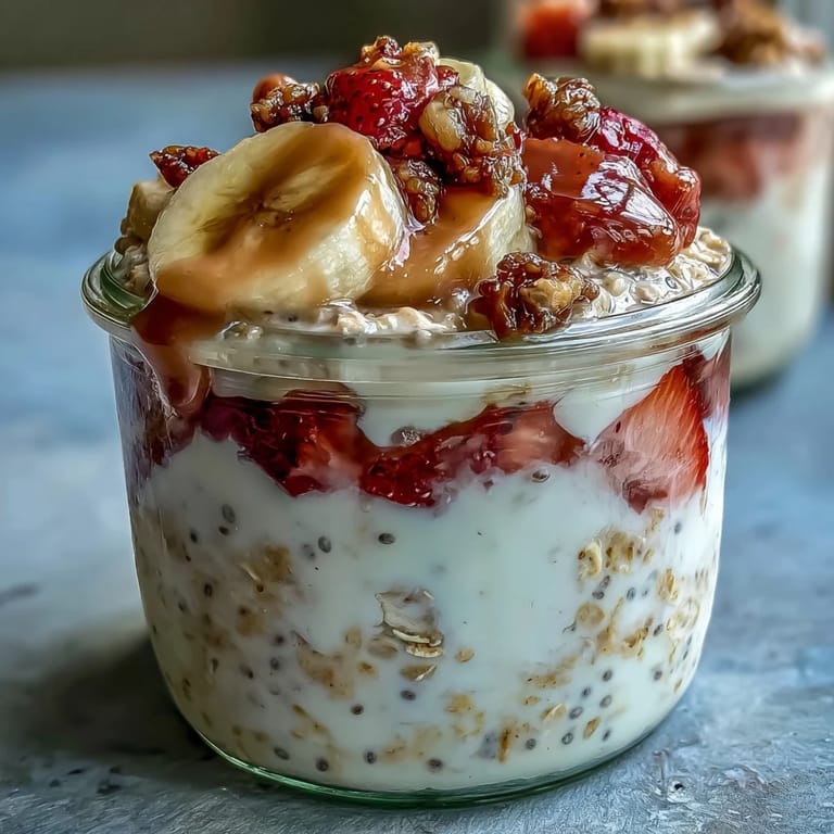 A jar of strawberry banana overnight oats with chia seeds, featuring layers of oats, yogurt, and vibrant red berries for a colorful breakfast.