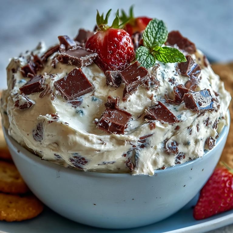 Velvety cottage cheese cookie dough dip blended smooth and topped with chocolate chips, served alongside vibrant fresh fruit slices.