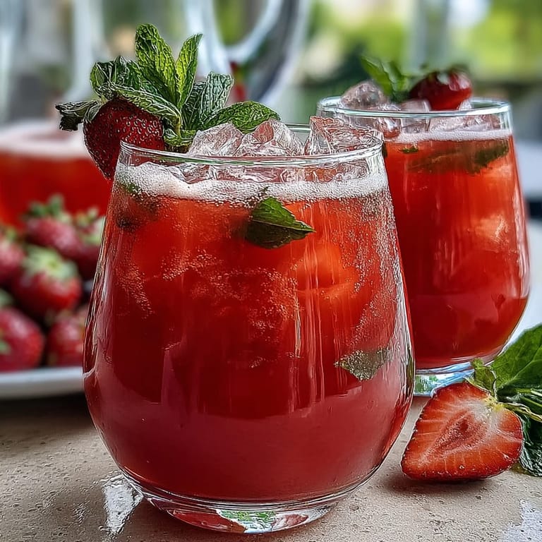 A festive pink lemonade party punch with sparkling water, garnished with lemon wheels and strawberry halves.