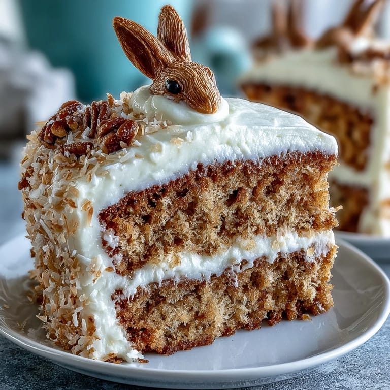 Moist vanilla bunny-shaped cake with pink coconut fur and gold sprinkles, a delightful centerpiece for your Easter table.