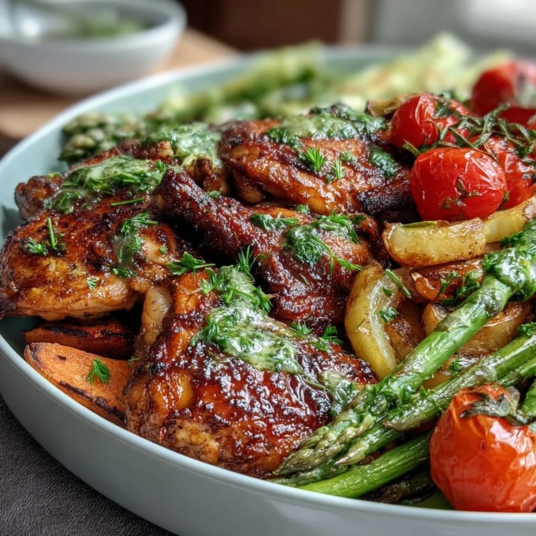 Juicy chicken breasts roasted alongside fresh spring veggies for a healthy, one-pan meal.  