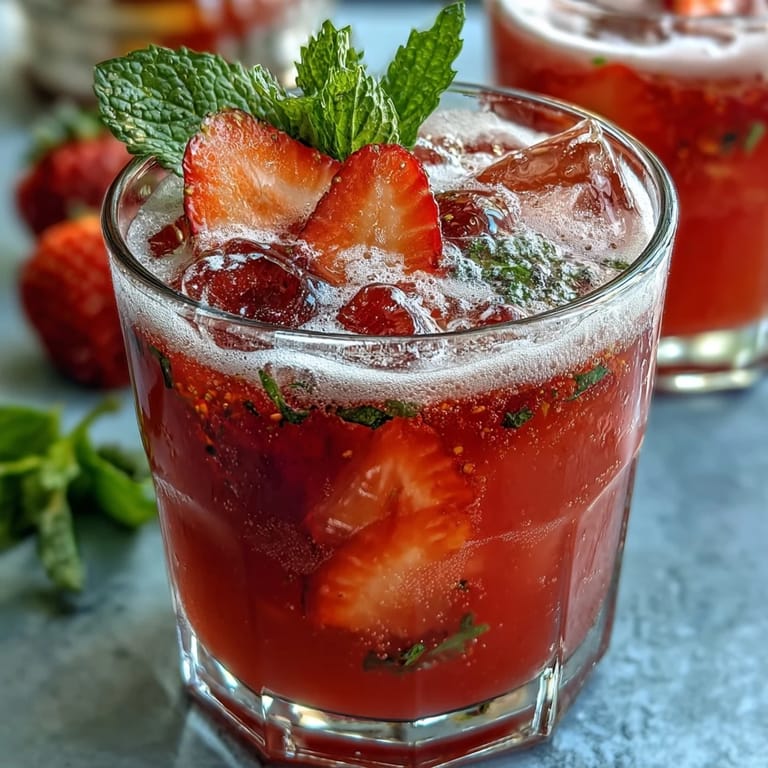 Zesty lemon and sweet strawberry sparkling mocktail, served over ice with a sugared rim and mint garnish.