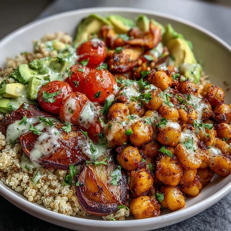 Fluffy quinoa topped with crispy chickpeas, colorful vegetables, and a bright lemon dressing.  
