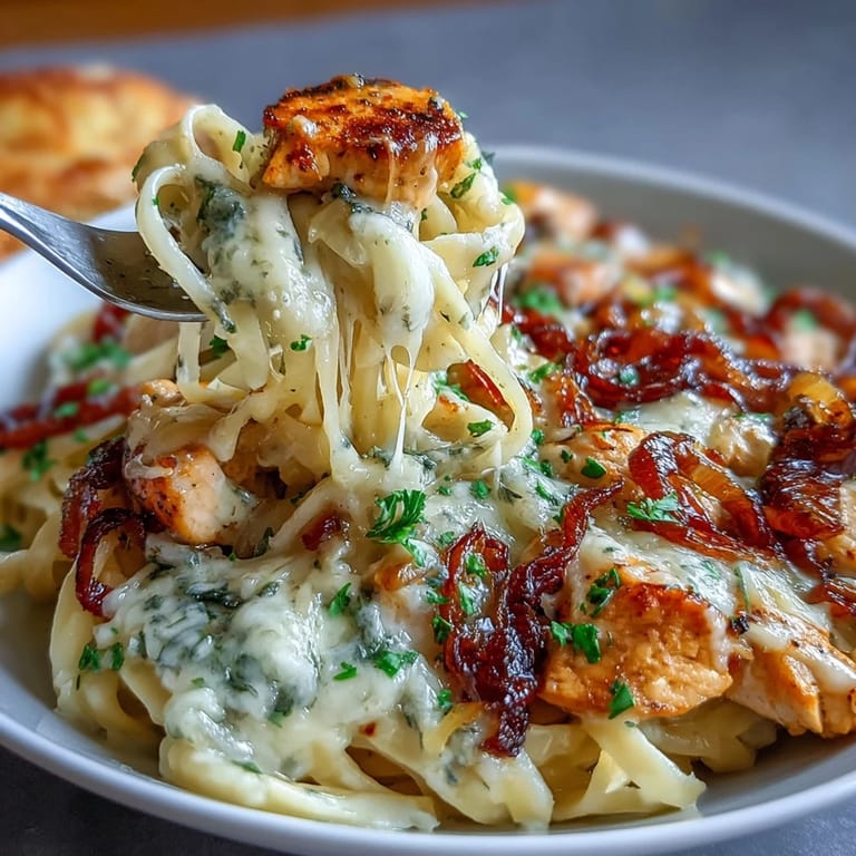 Savory French onion chicken pasta with golden onions, juicy chicken, and bubbling cheese, served straight from the Dutch oven.