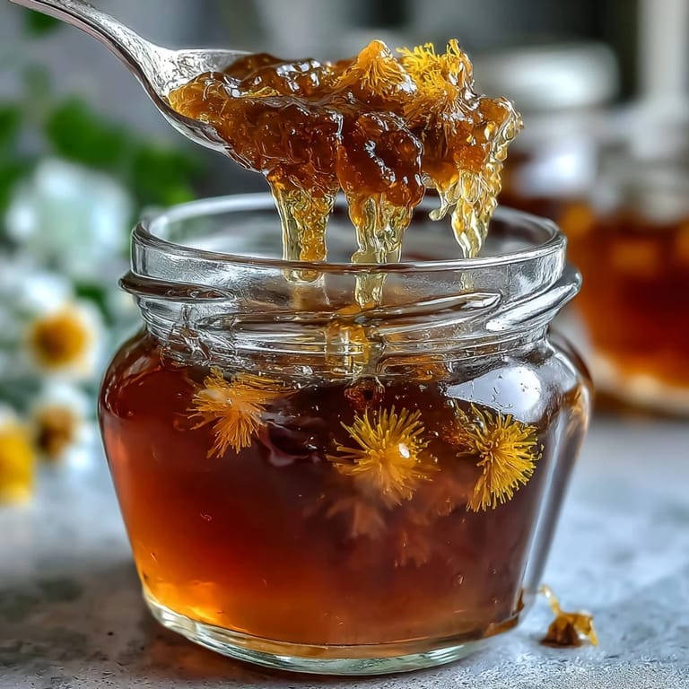Bright yellow dandelion jelly infused with lemon and honey, glowing in sunlight beside a jar of golden preserves and fresh blossoms.
