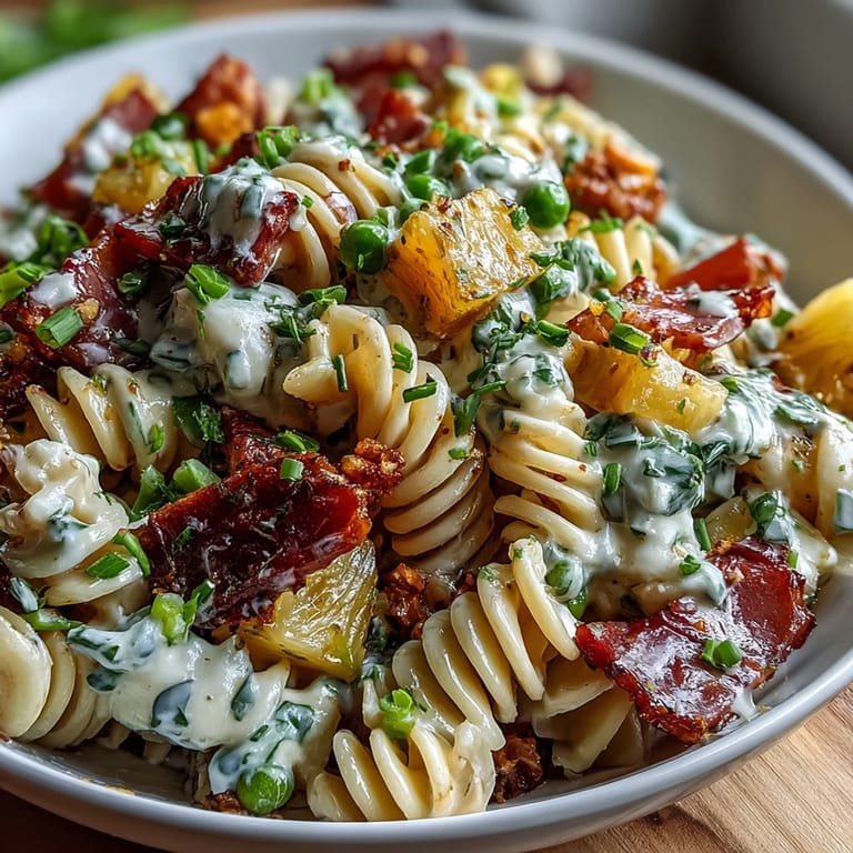 Colorful Hawaiian pasta salad with diced ham, sweet pineapple, and crunchy vegetables in creamy ranch.  