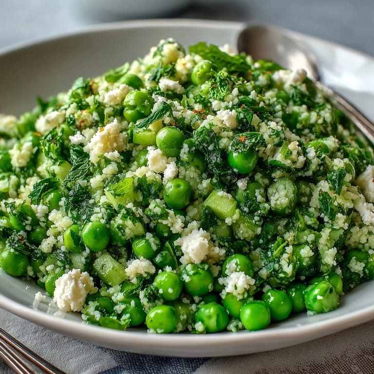 Fluffy couscous mixed with tender spring peas, fresh mint, and lemon dressing for a refreshing Mediterranean side dish.  