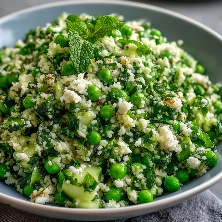 Bright and colorful spring pea and mint couscous salad, garnished with feta and radishes, ideal for light vegetarian meals.