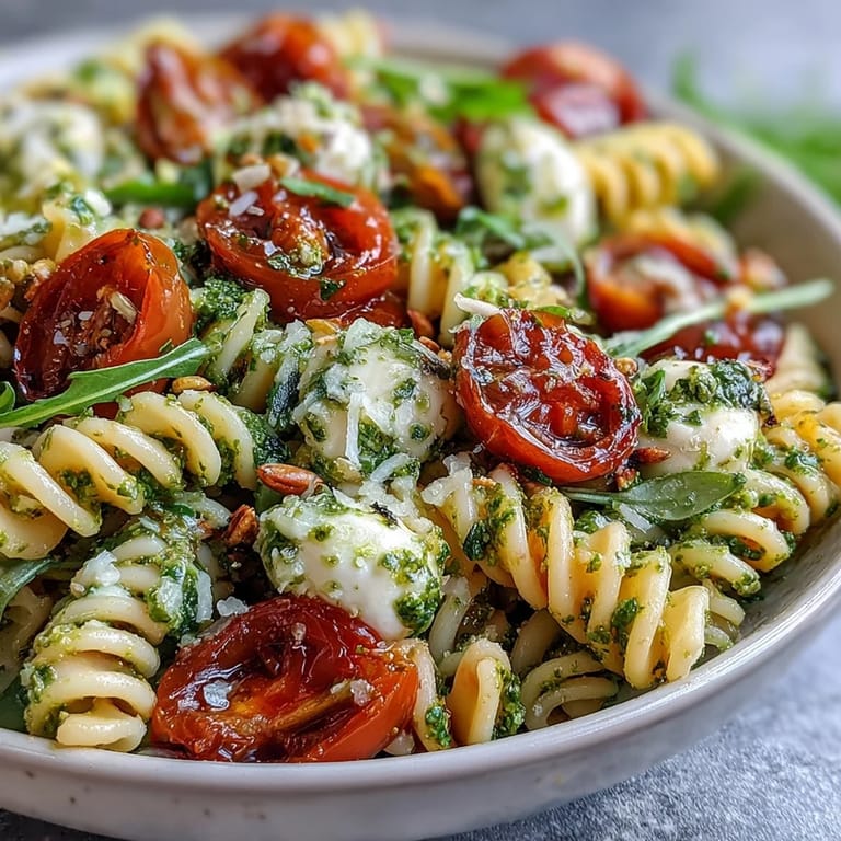 Delicious Summer Pasta Salad, bright with pesto, ready for a picnic.