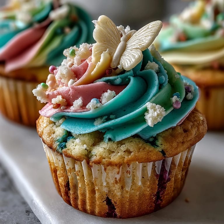 Decorated Spring Cupcakes with swirls of creamy buttermilk frosting and edible butterflies.