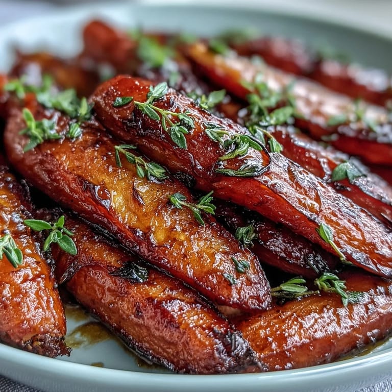 Glistening honey glazed roasted carrots with thyme, an easy, flavorful side dish.