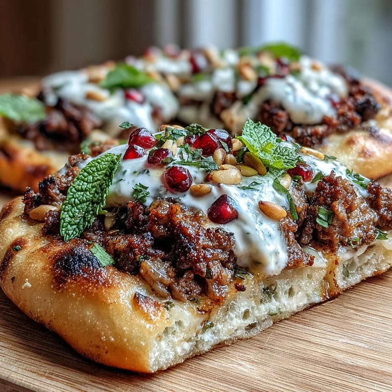 Warm Middle Eastern flatbread layered with savory lamb, fragrant spices, and cool yogurt for a flavor-packed bite.  