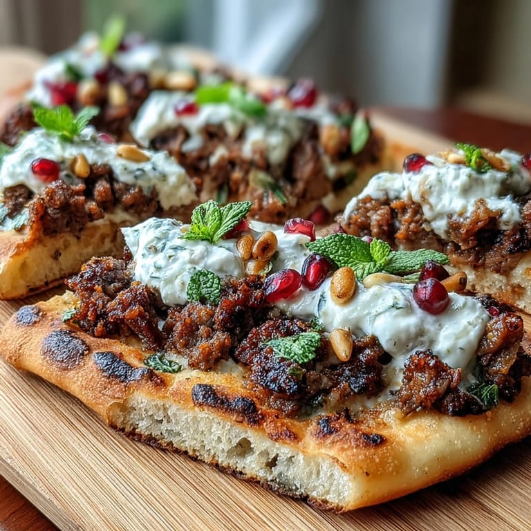 Golden baked flatbread with spiced lamb, mint, and pomegranate, drizzled with olive oil for a vibrant, satisfying meal.