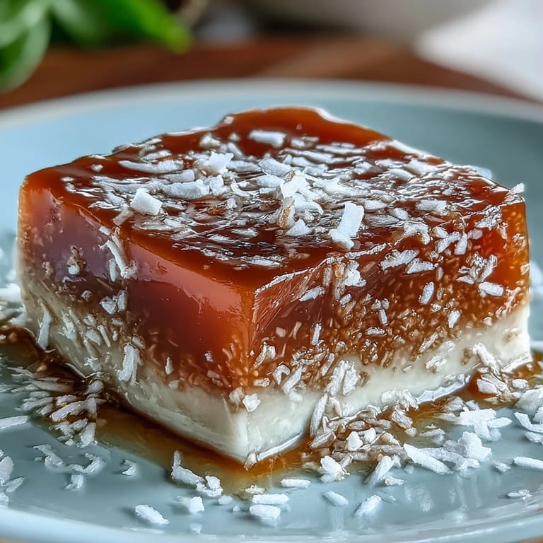 Fragrant mango jelly cubes layered with rich coconut milk, offering a refreshing and naturally sweet tropical treat.