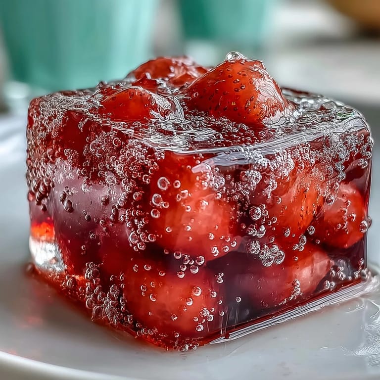 Elegant lychee agar jelly cubes with embedded whole lychees served in fizzy yuzu water, garnished with fresh mint leaves.