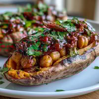 A vibrant plate of vegan BBQ chickpea stuffed sweet potatoes topped with crunchy red cabbage slaw and fresh cilantro.