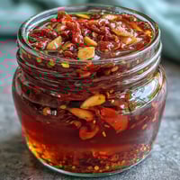 A vibrant jar of spicy Calabrian chili oil with red chili flakes and golden garlic slices, ready to elevate your dishes.