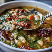 A bowl of hearty ham and Great Northern bean soup, brimming with tender beans, savory ham, and aromatic vegetables in a rich broth.