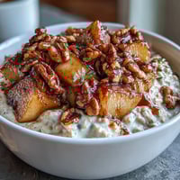 Creamy overnight oats with cinnamon-spiced apples and crunchy toasted walnuts for a hearty breakfast.