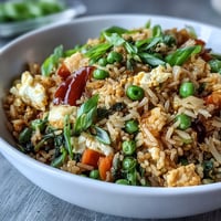 Vibrant veggie-packed fried rice with spring peas and carrots, loaded with colorful vegetables and fresh aromatics.  