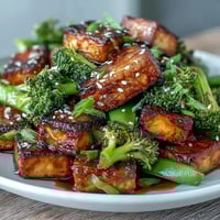 Vibrant teriyaki tofu stir-fry with crispy tofu, broccoli, and snap peas in savory sauce.