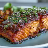 A mouthwatering honey soy glazed salmon fillet served with vibrant sesame broccoli, perfect for a healthy and flavorful dinner.  