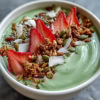 Vibrant strawberry matcha latte smoothie bowl topped with fresh strawberries, crunchy granola, chia seeds, and coconut flakes for a nourishing breakfast.