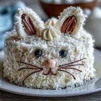 A whimsical Easter Bunny Cake with coconut frosting, shaped like a bunny face with fluffy coconut fur and candy features.