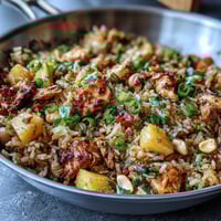 Vibrant Hawaiian pineapple chicken fried rice with juicy pineapple, tender chicken, and colorful veggies in a savory-sweet sauce.  