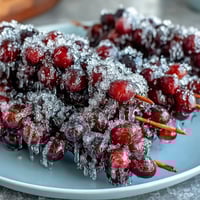 Vibrant frozen grape skewers with zesty lime sugar coating, perfect for a refreshing summer snack.  