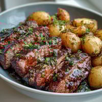 Garlic Butter Steak Bites and Potatoes sizzling in a skillet with golden potatoes and fresh herbs.