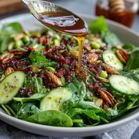 Fresh spring green salad with honey mustard dressing and crunchy toasted almonds, a vibrant vegetarian dish perfect for a light lunch.  