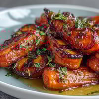 Tender honey glazed roasted carrots with thyme, caramelized and glistening.