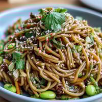 Sesame Ginger Noodle Bowl with crunchy cabbage and edamame, tossed in a zesty sesame ginger dressing for a refreshing vegetarian meal.