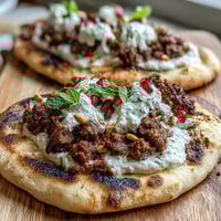 Aromatic spiced lamb flatbread pizza topped with creamy Greek yogurt and fresh pomegranate seeds.  