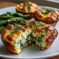 Spring frittata muffins with asparagus, peas, and feta, baked until fluffy and golden.  