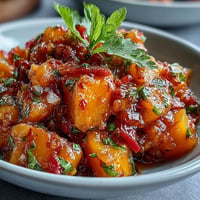 Fresh mango habanero salsa with ripe diced mango, spicy habanero, and crisp red onion, perfect for dipping chips.